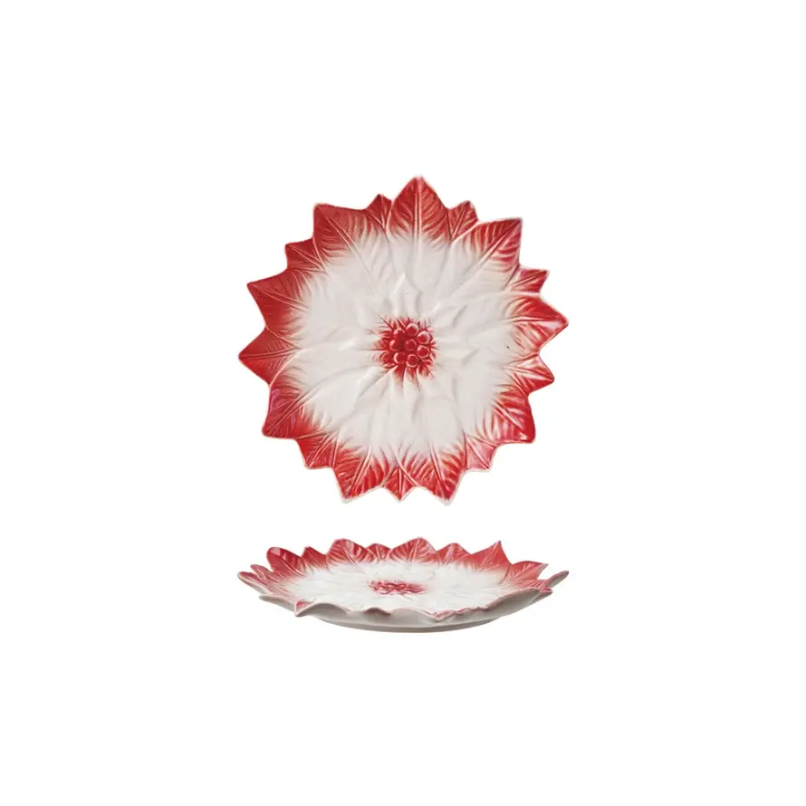 Hand-Painted Stoneware Poinsettia Shaped Plate D9″