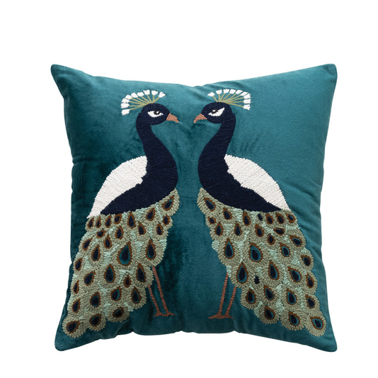 Embroidered Peacocks Velvet Pillow L18″